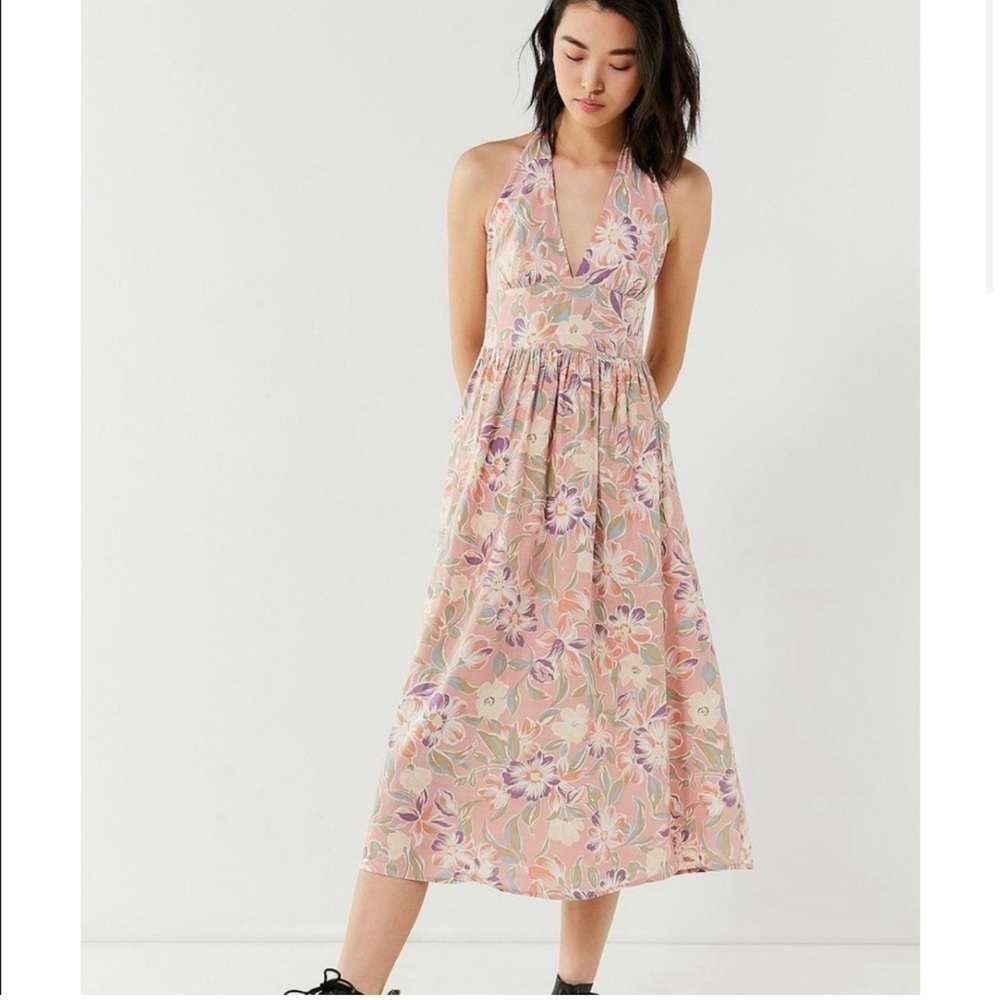 URBAN OUTFITTERS Betsey Jezebel Halter Midi Pink / Floral Printed Dress